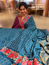 Peacock Blue Mysore Silk Saree with petitepoint embroidery S62111
