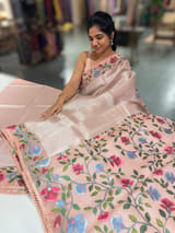 Peach pink kora tissue saree with pythani inspired embroidery
