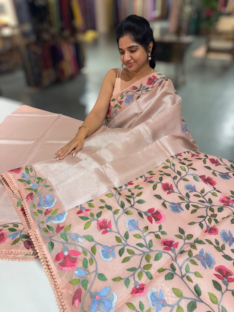 Peach pink kora tissue saree with pythani inspired embroidery