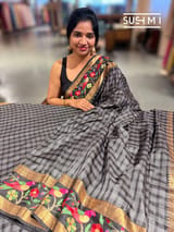 Black Vintage checks Kanjeevaram soft silk saree with embroidery D62F042