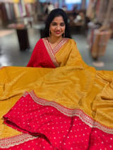 Yellow Pure Handloom Crush Tissue Saree with Bandhini Silk skirt borders & Sabhya borders