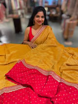 Yellow Pure Handloom Crush Tissue Saree with Bandhini Silk skirt borders & Sabhya borders