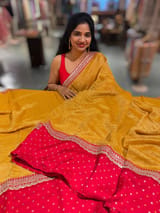 Yellow Pure Handloom Crush Tissue Saree with Bandhini Silk skirt borders & Sabhya borders