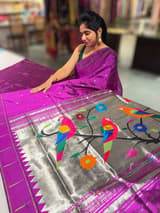 Purple Pure handloom paithani silk saree with single muniya border