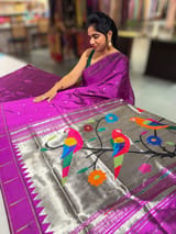 Purple Pure handloom paithani silk saree with single muniya border