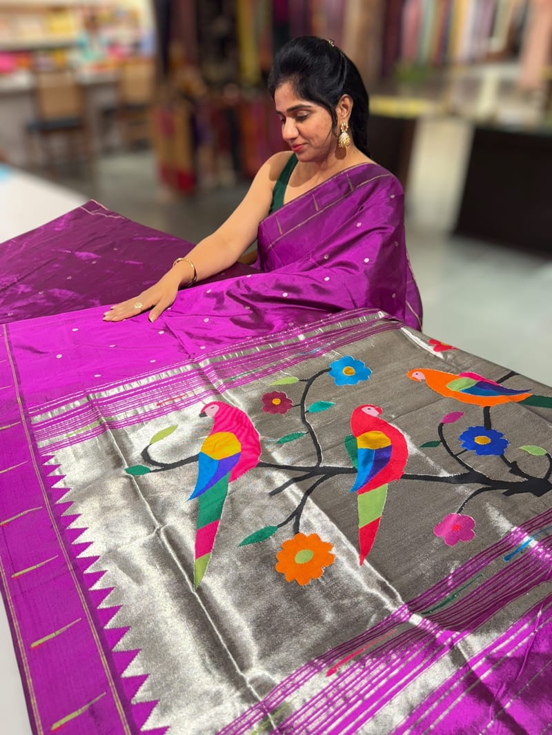 Purple Pure handloom paithani silk saree with single muniya border