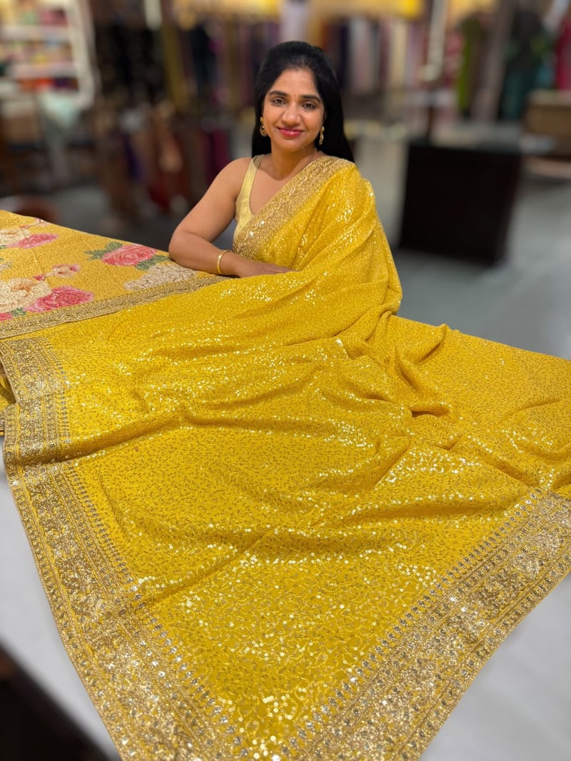 Yellow Georgette Sequence saree with sabhyasachi borders and printed blouse SS50512