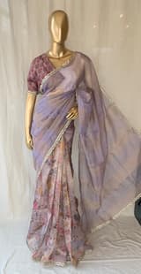 Mauve tissue saree in half and half style with floral and birds