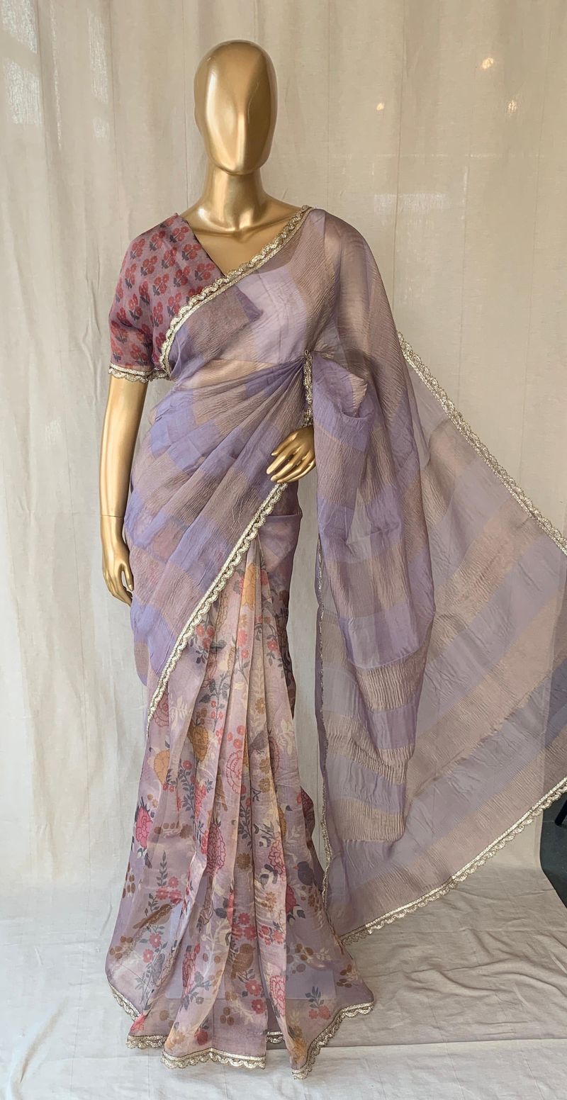 Mauve tissue saree in half and half style with floral and birds