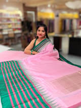 Lotus Pink Ponduru Khadi Saree  in 80’s Count with Kanchi Style Emerald Green borders