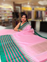 Lotus Pink Ponduru Khadi Saree  in 80’s Count with Kanchi Style Emerald Green borders