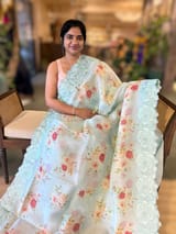 SeaBlue Printed Organza Saree With Chantilly Lace Style Embroidered Border SS50318