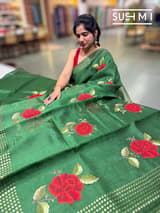 Green Muslin Saree with Pocket Sequins & Hibiscus Embroidery