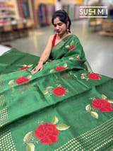 Green Muslin Saree with Pocket Sequins & Hibiscus Embroidery