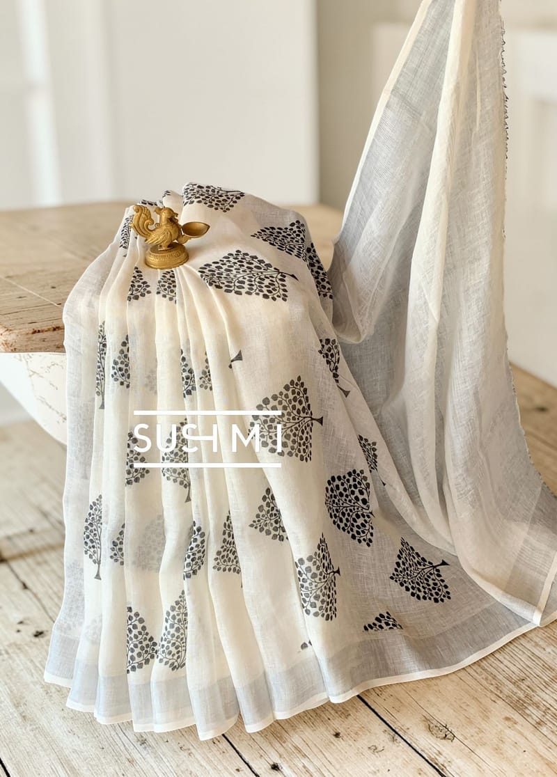 Floral printed handloom lenin saree