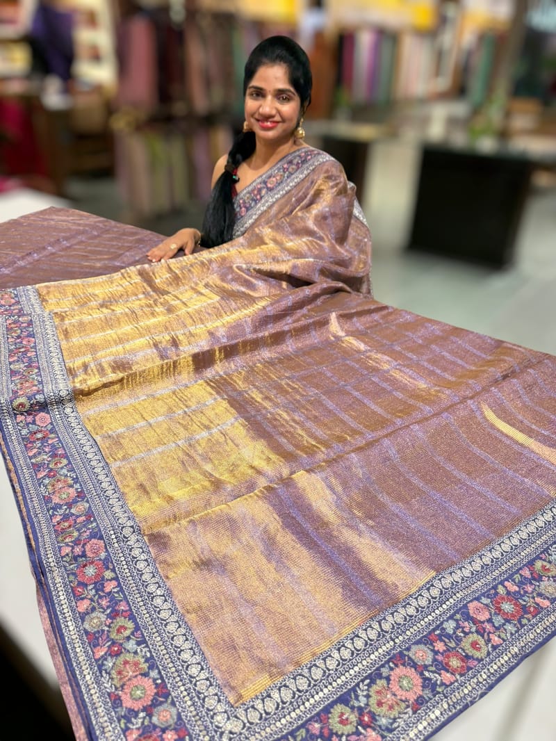 Bluish Lilac Tissue checks Saree with sabhyasachi borders SS50393