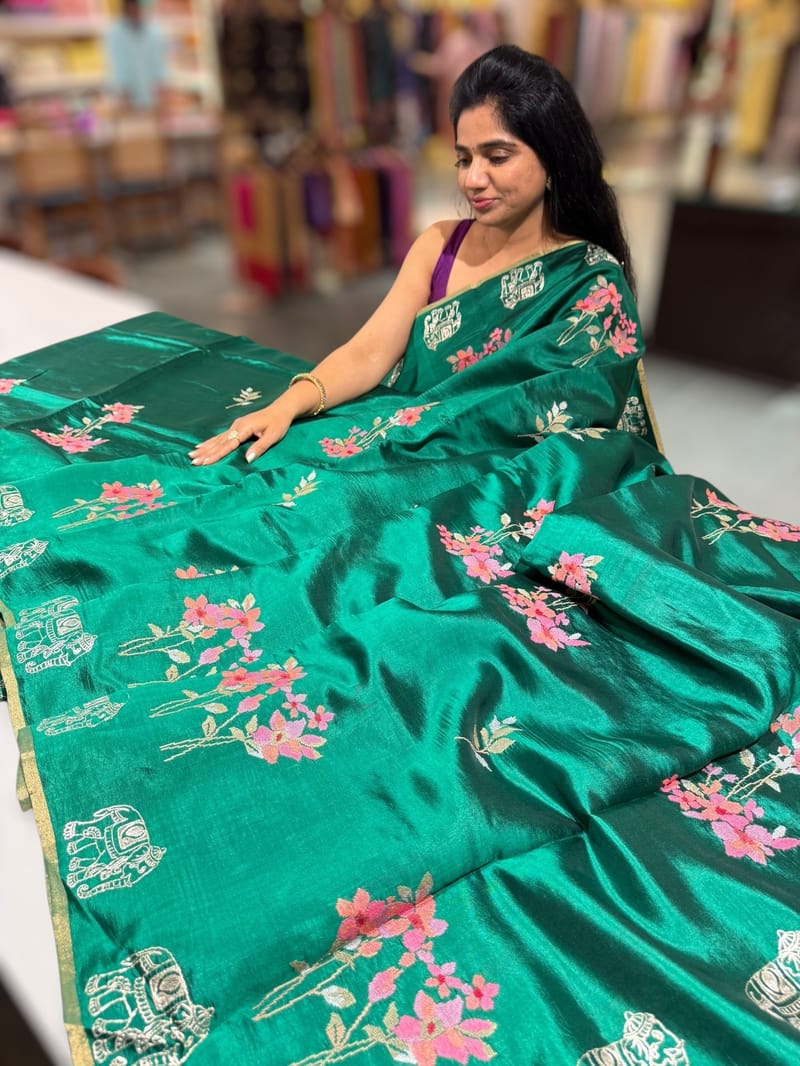 Emerald Green Banarasi Silk Saree with petite point embroidery