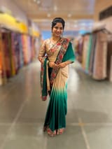 Chickoo and emerald Green Pure Satin Ombre Dyed Saree with Petite Point Embroidered Border and blouse.
