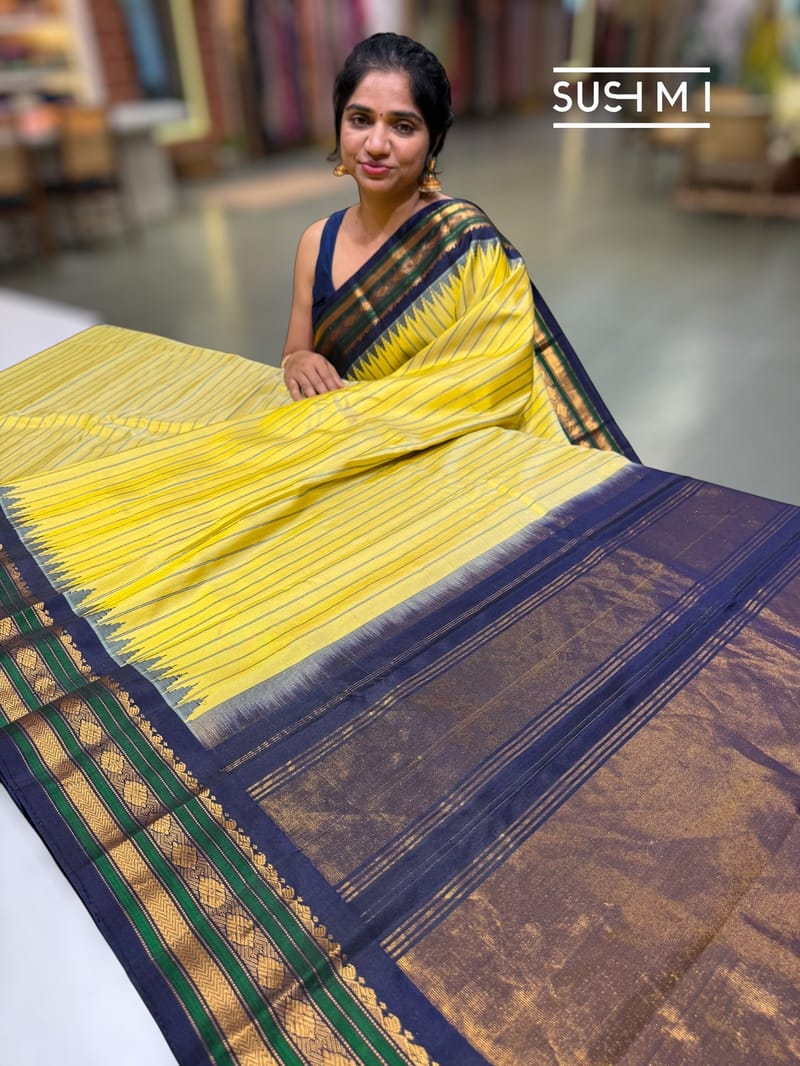 Lemon yellow vintage stripes Gadwal Silk Saree : S62F209