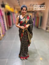 Black mysore silk with embroidered border S62F060