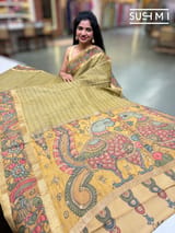 Olive Green Kanchi pen kalamkari fusion saree