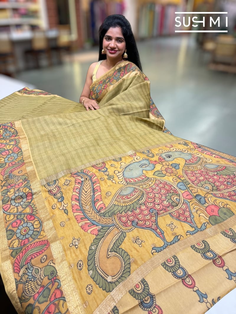 Olive Green Kanchi pen kalamkari fusion saree