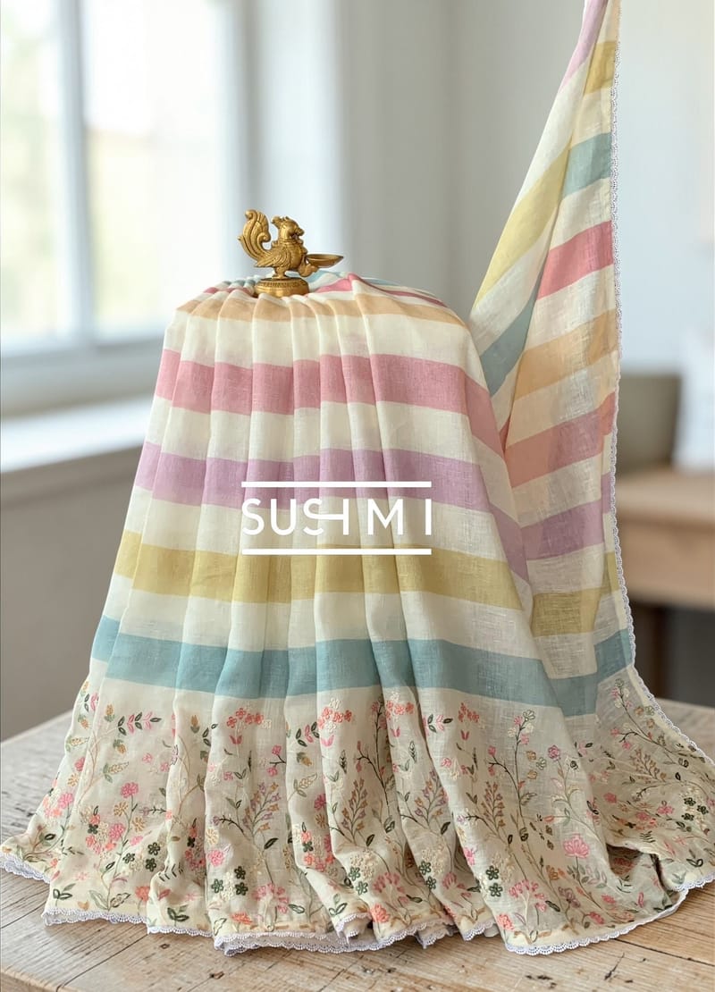 Stripe printed lenin with embroidered skirt border