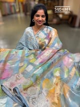 Powder Blue Printed Organza Tissue stripes saree with embroidery