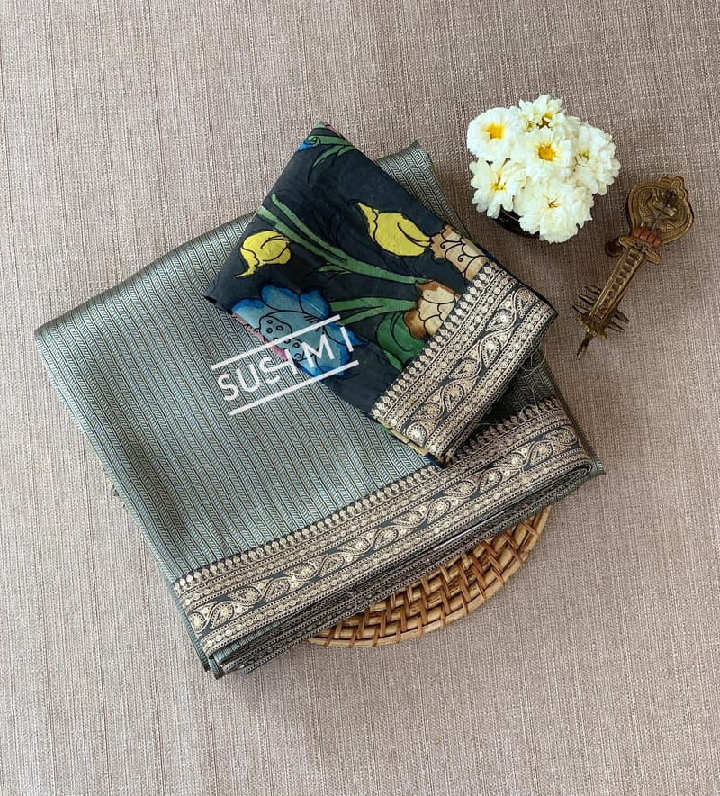 Dark Olive Banarasi tonchoi with pen kalamkari Blouse : D62F022