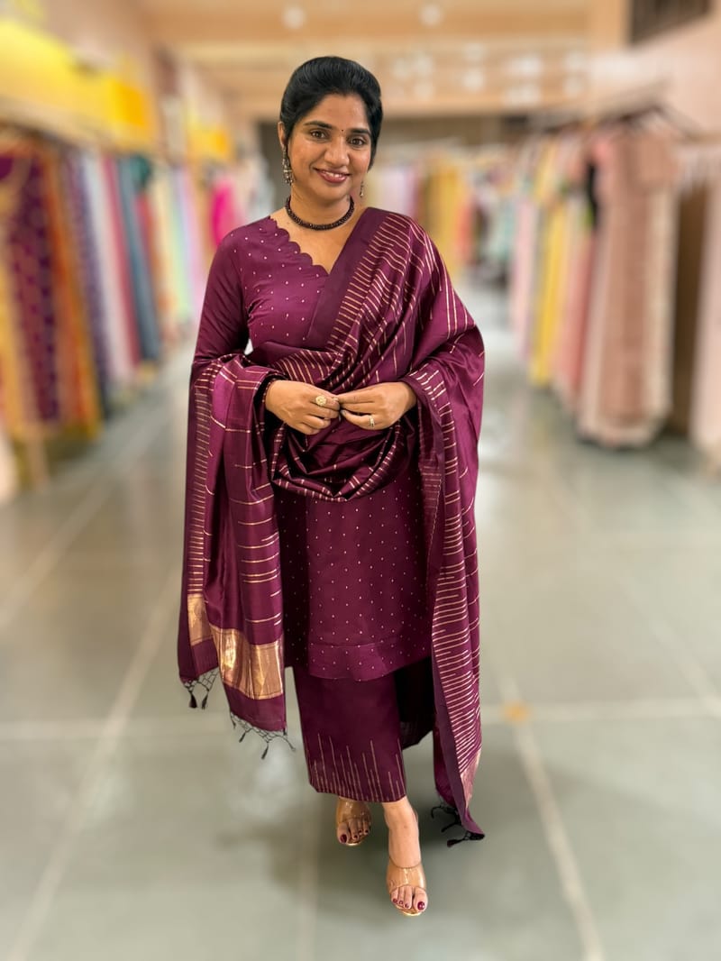 Wine Banarasi Handloom Chiniya Silk 3-pc Suit Set SS50590
