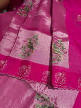 Rani pink Premium Handloom Designer Tissue saree with exquisite embroidery