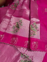Rani pink Premium Handloom Designer Tissue saree with exquisite embroidery