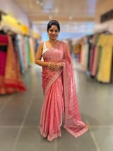 Coral Pink Pure Handloom Tissue checks Saree with sabyasachi borders SS50425