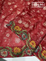 Maroon Silk kota and pen kalamkari fusion saree with pita emb