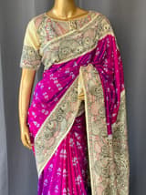 Majenta Ikkath patola saree with madhubani hand painting
