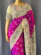 Majenta Ikkath patola saree with madhubani hand painting