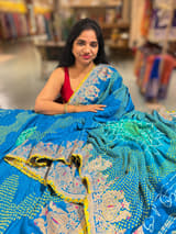 Copper Sulphate Blue Designer Rai Bandhej Saree With Embroidered Border SS50485