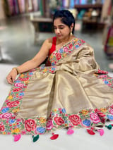 Beigish Taupe Green Kanchi Brocade Tissue Saree with Petite Point Embroidered Border SS50141