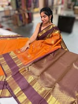 Rust Orange & coffee brown combo Kanchipuram Vintage checks  Saree SS50168