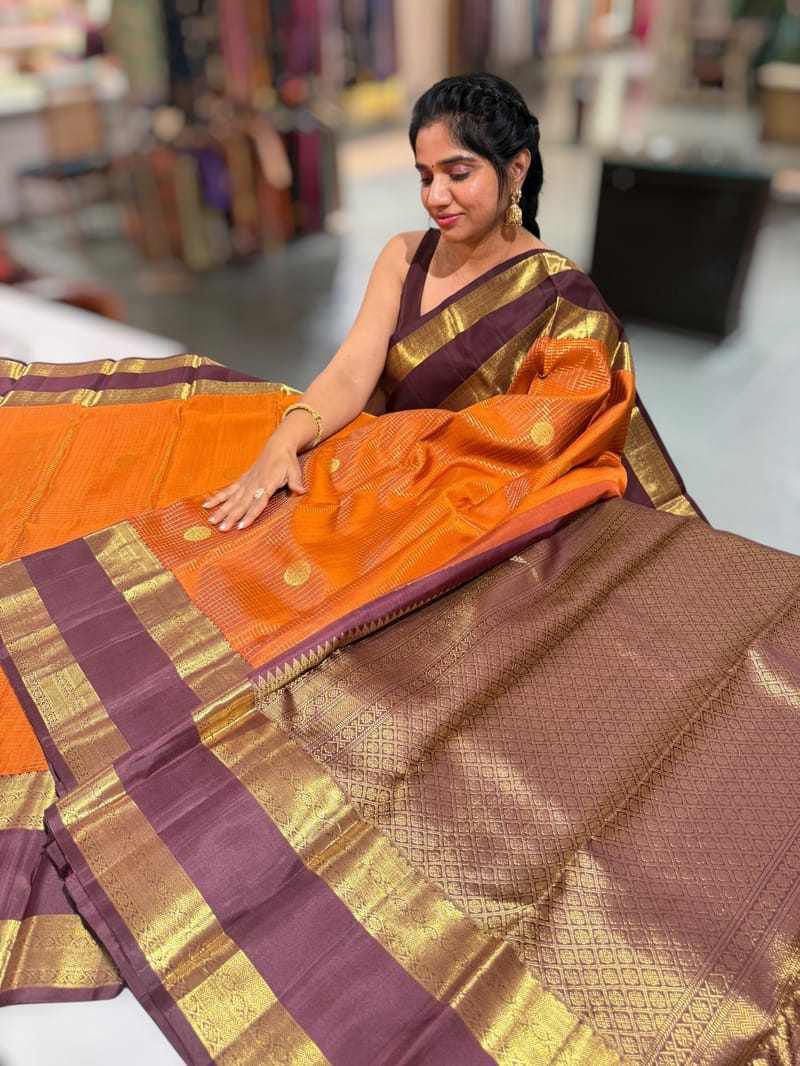 Rust Orange & coffee brown combo Kanchipuram Vintage checks  Saree SS50168