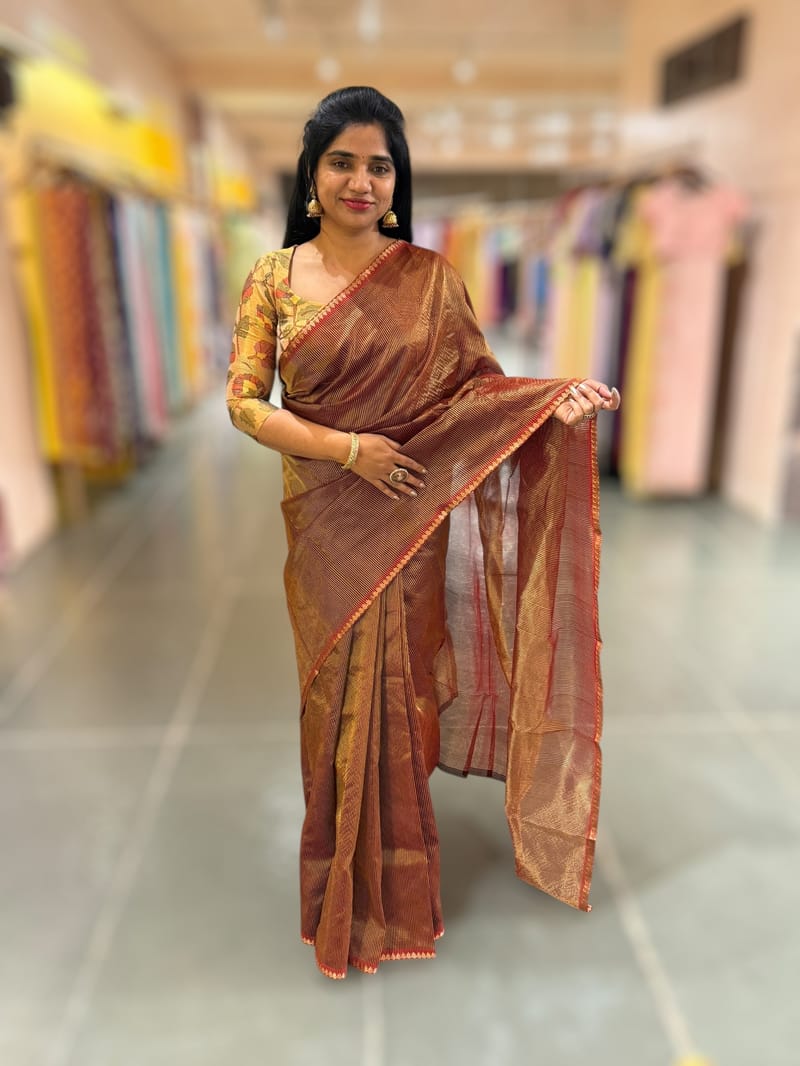 Brown chaderi Tissue saree with designer tissue blouse