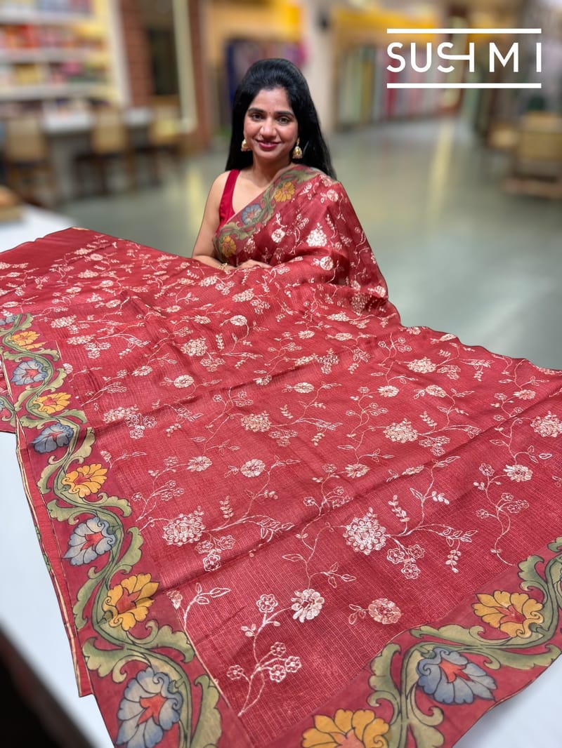 Maroon Silk kota and pen kalamkari fusion saree with pita emb
