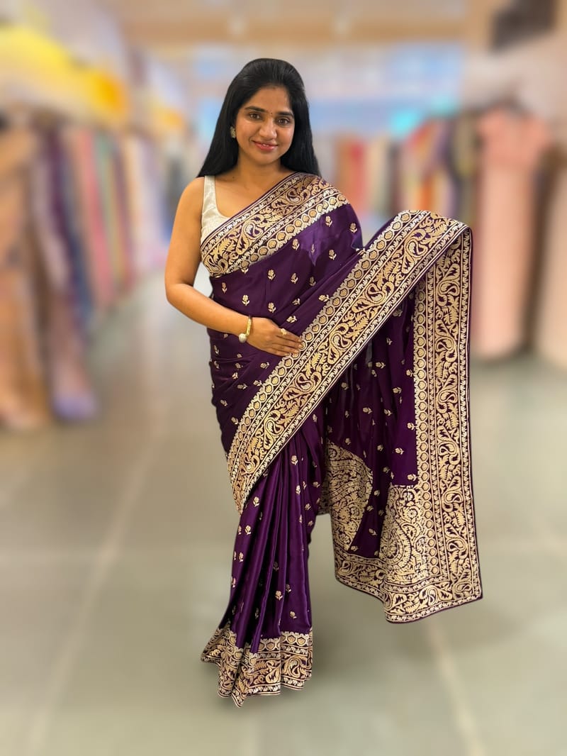 Brinjal Pure Mashru Satin Saree with embroidery