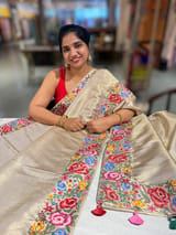 Beigish Taupe Green Kanchi Brocade Tissue Saree with Petite Point Embroidered Border SS50141