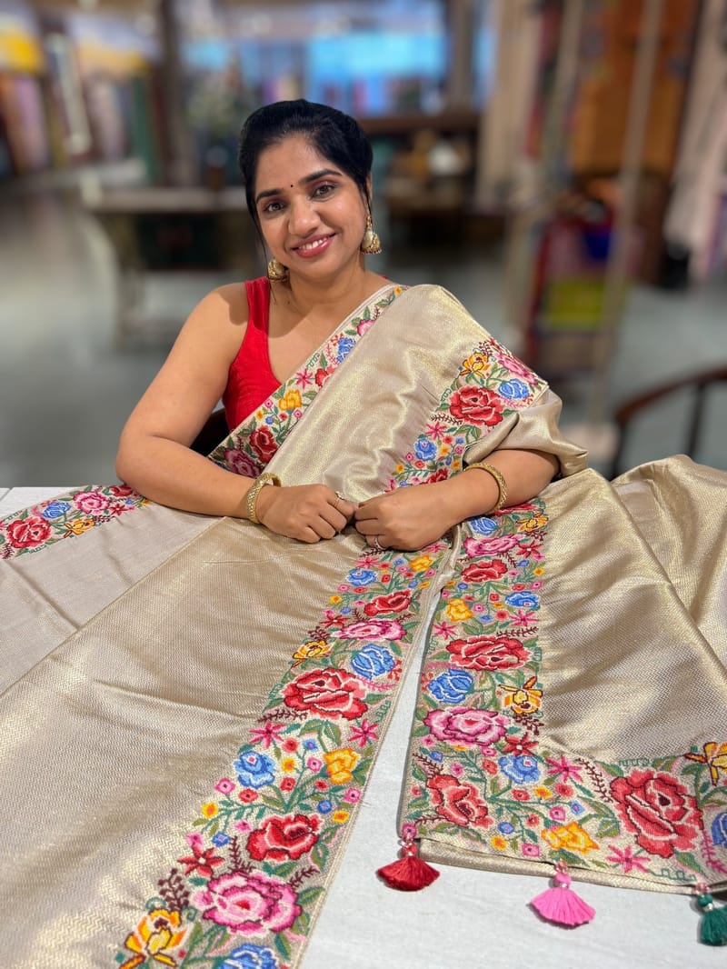Beigish Taupe Green Kanchi Brocade Tissue Saree with Petite Point Embroidered Border SS50141