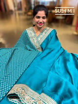 Peacock Blue Satin Saree with sabyasachi borders : D62F053