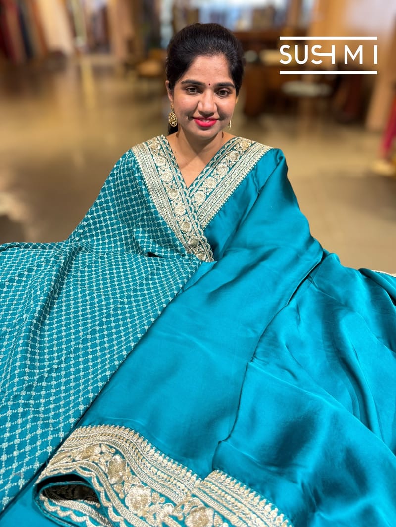 Peacock Blue Satin Saree with sabyasachi borders : D62F053
