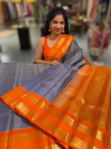 Blue & Orange Combo Vintage Checks Gap Border Kanjeevaram Saree SS50167