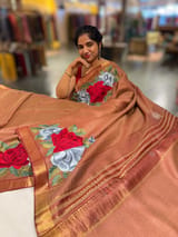 Rust Tussar Brocade Saree With Statement Red Rose Embroidery. SS50470
