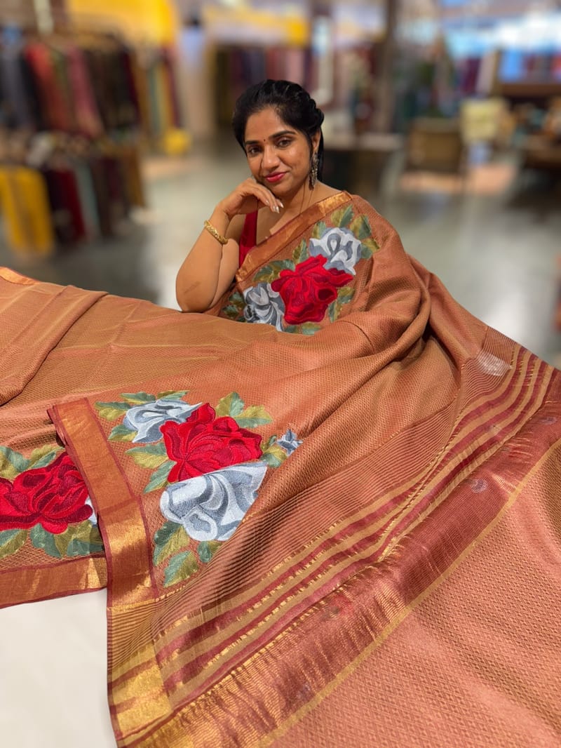 Rust Tussar Brocade Saree With Statement Red Rose Embroidery. SS50470